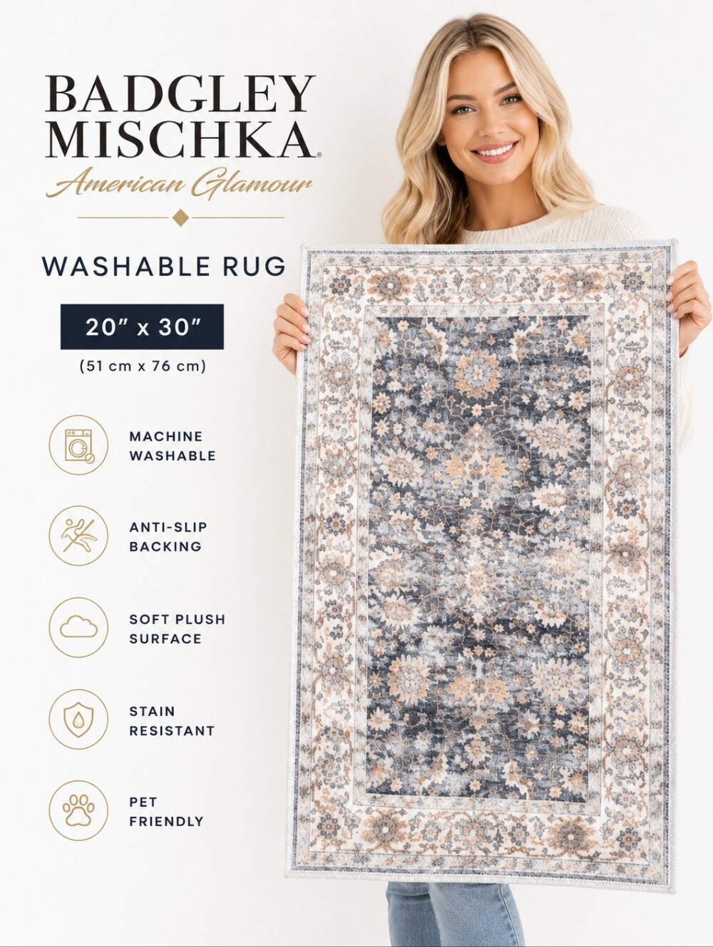 Badgley Mischka American Glamour  Soft Washable Rug 20” x 30” Vintage Floral